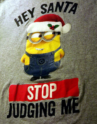 Minions T-Shirt: Hey Santa Stop Judging Me (Large)